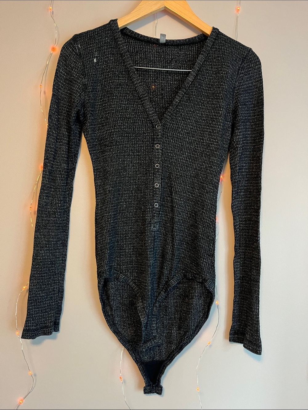 Free People Charcoal Ribbed V-Neck Long-Sleeve Bodysuit